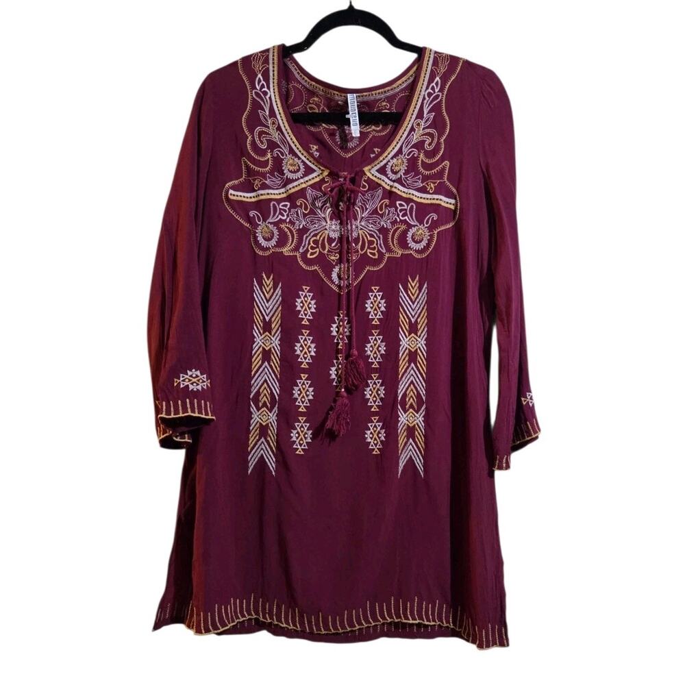 Monoreno Tunic Top Women's Large Burgundy Red Embroidered Long Sleeve Flowy Boho